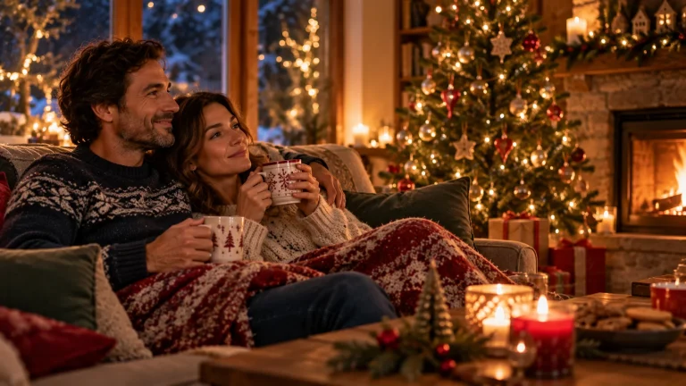 Pareja descansando en el sofá con una manta y dos tazas en un salón decorado de Navidad