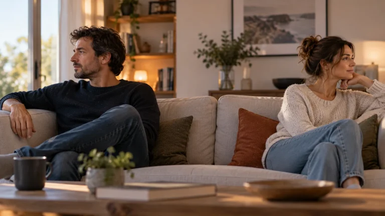Pareja sentada en el mismo sofá, cada uno mirando hacia un lado, con espacio entre los dos