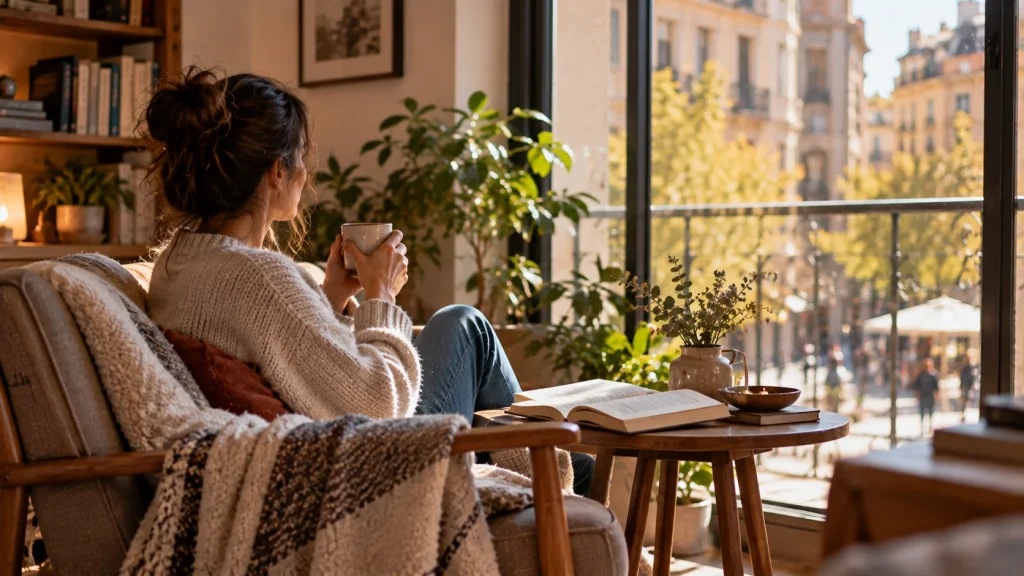 Persona sentada sola junto a una ventana con una taza y un libro, en un salón tranquilo con vistas a la ciudad