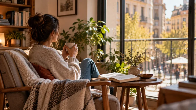 Persona sentada sola junto a una ventana con una taza y un libro, en un salón tranquilo con vistas a la ciudad